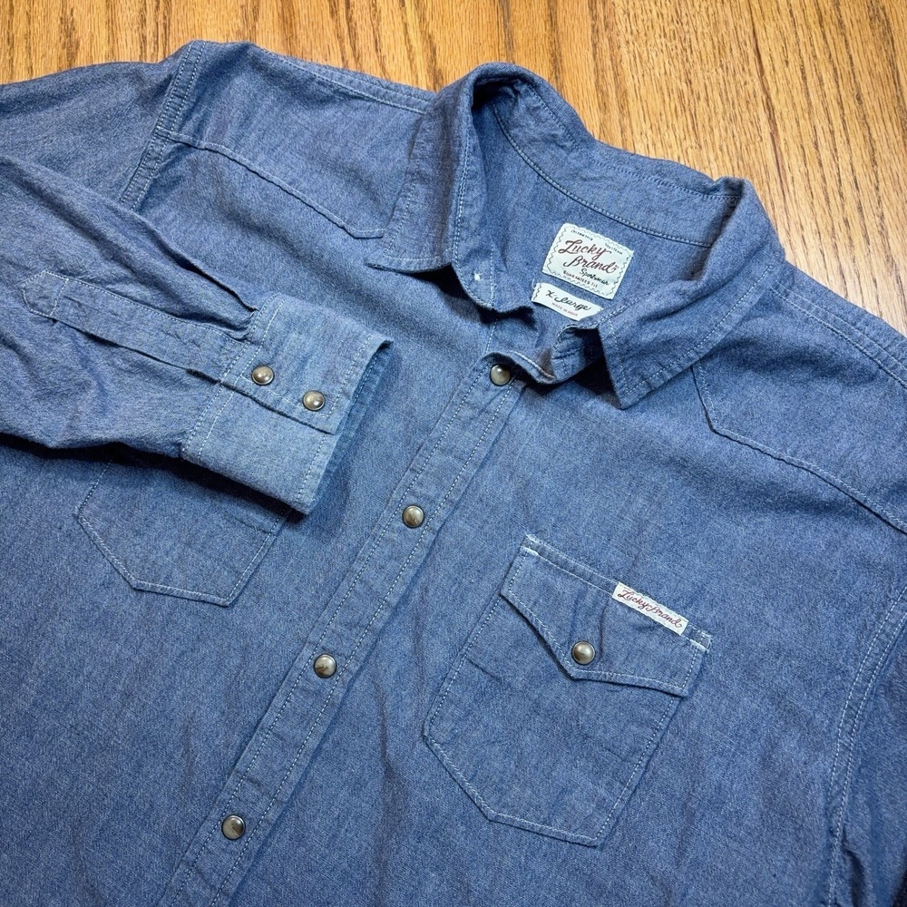Lucky Brand Chambray Pearl Snap Shirt Mens XL Classic Fit Blue Western Ranch